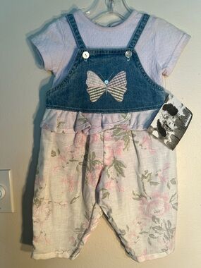 Vintage Floral Linen-Blend Overalls with Denim Bib Butterfly 24M